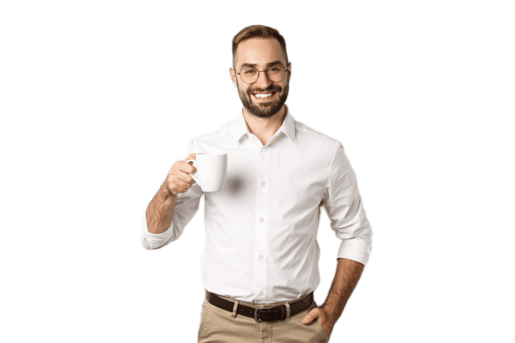 handsome businessman drinking coffee smiling standing handsome businessman drinking coffee smiling standing