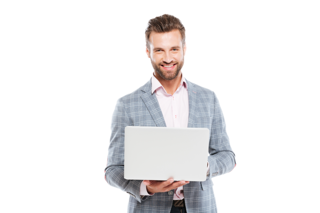 happy young man using laptop computer