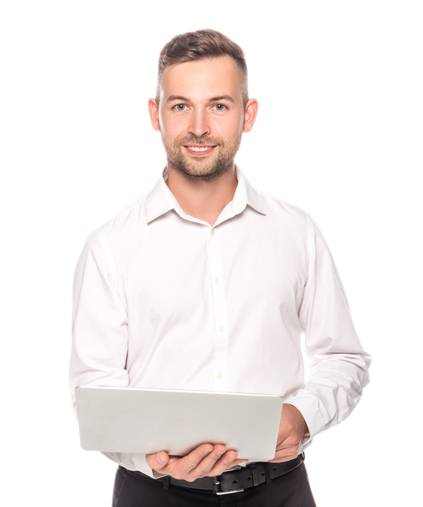 smiling businessman using laptop isolated white (1)