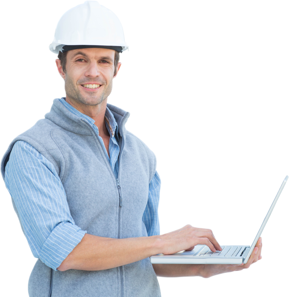 smiling construction worker hard hat using laptop
